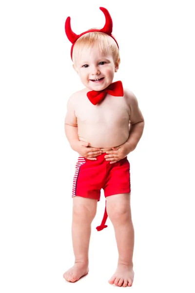 Kid in rood pak van verleidelijk duivel — Stockfoto