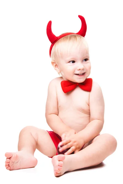 Enfant en costume rouge de diable tentant — Photo