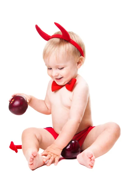 Niño en traje rojo de diablo tentador — Foto de Stock