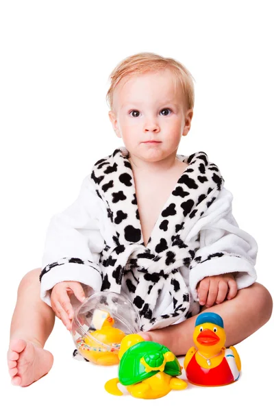Baby boy playing with toys after bathing — Stock Photo, Image