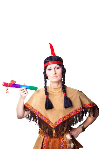 stock image Woman wearing indian costume with pipe of peace