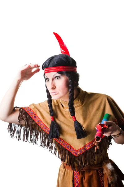 stock image Woman wearing indian costume with pipe of peace