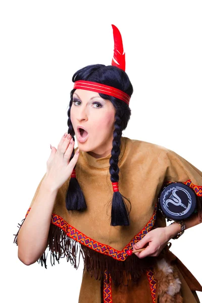 stock image Woman wearing indian costume with pipe of peace