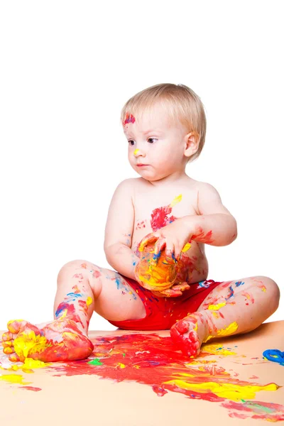 Baby boy gouache painting on isolated white — Stock Photo, Image