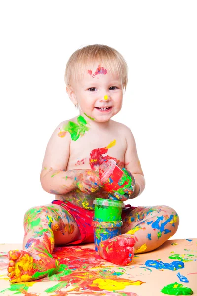 Baby jongen gouache schilderij op geïsoleerde Wit — Stockfoto