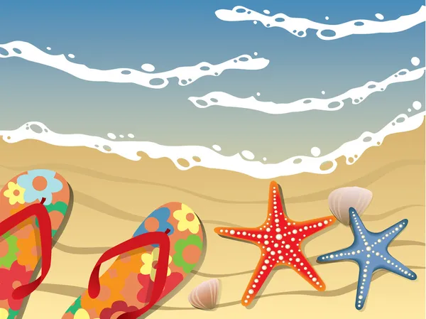 Фліп-флопс і мушлі на пляжі — стоковий вектор