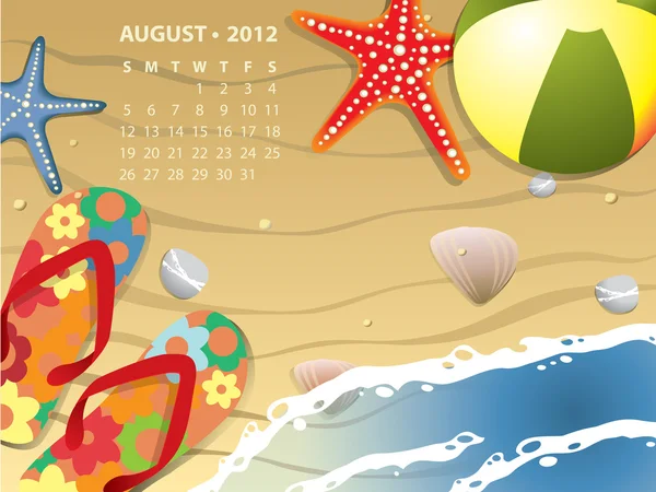 8 月のカレンダー - ボールと starfush ビーチ — ストックベクタ