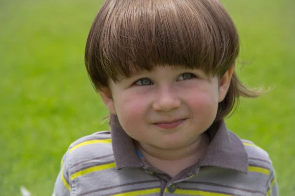 Kleine jongen glimlachend op groen gras — Stockfoto