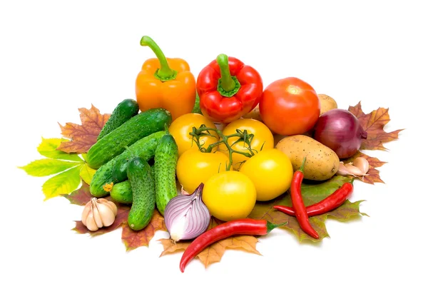 Mixed vegetables and autumn leaves — Stock Photo, Image