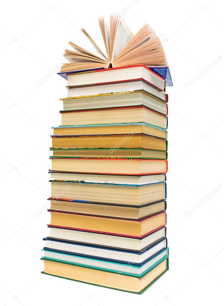 A large stack of books isolated on white background