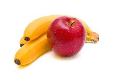 Red apple and bananas on white background