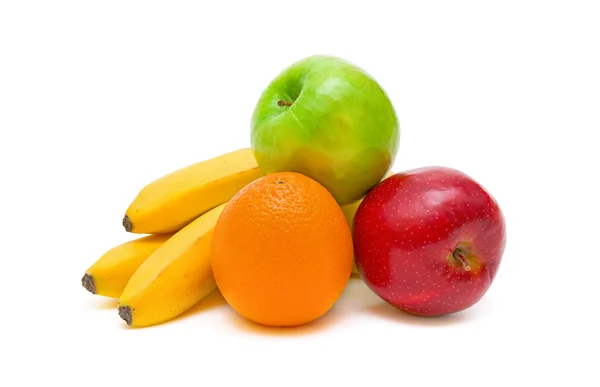 Apples, oranges and bananas on white background — Stok fotoğraf