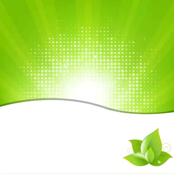 Green Background With Beams And Leaves — Stock Vector