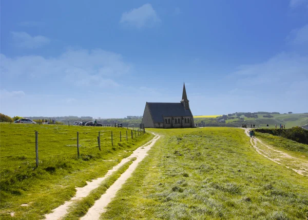 stock image Old church on the cliffs of Etretat