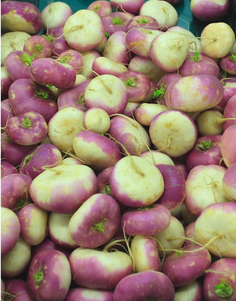 Lots of fresh turnips on a market stall — Stock Photo, Image