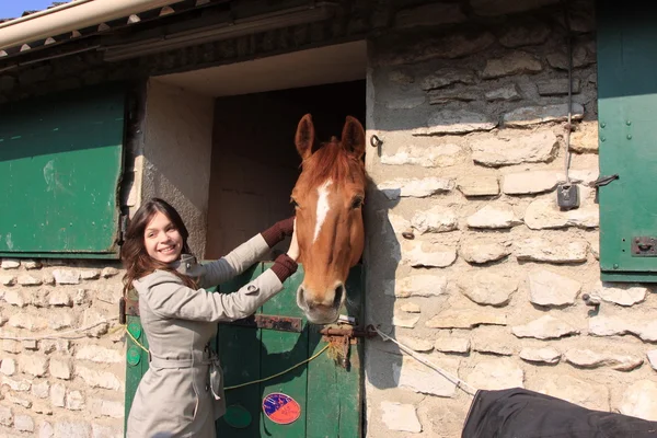 Bonita mujer joven dando comida a los caballos — Foto de Stock