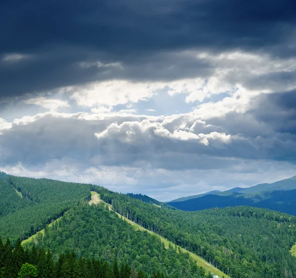 Paisagem de montanha verde sob um céu dramático nos Cárpatos — Fotografia de Stock