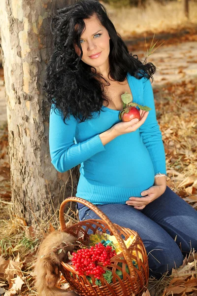 Mooie zwangere vrouw met rode appel, herfst buitenshuis — Stockfoto