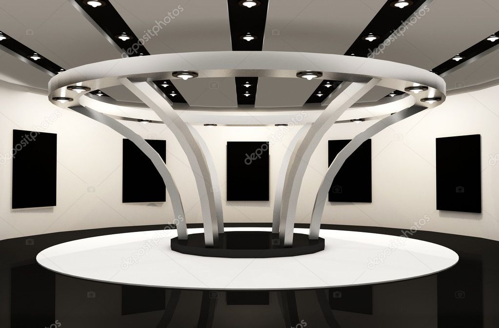 Gallery space with empty frames. Round Construction architecture
