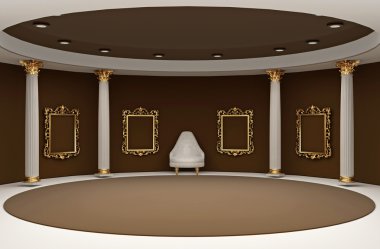 Golden empty frames in museum interior space clipart