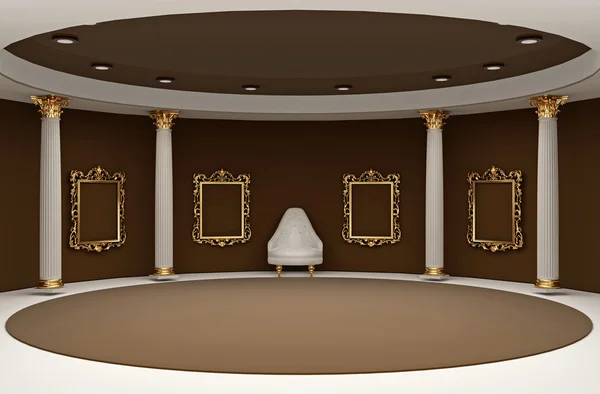 Golden empty frames in museum interior space — Stock Photo, Image