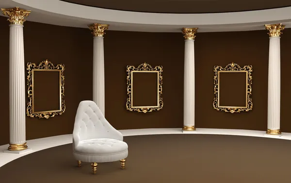 Baroque frames on wall gallery museum and armchair — Stock Photo, Image