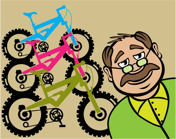 Abuelo dando la bienvenida en su tienda de bicicletas — Vector de stock
