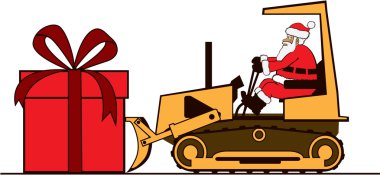 Santa pushing large present on bulldozer clipart