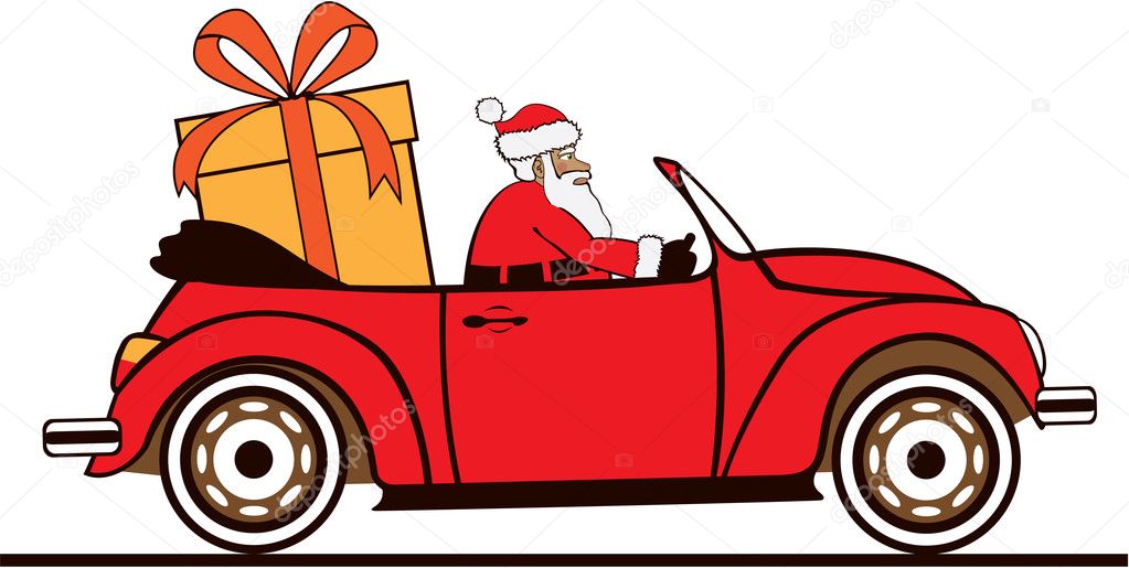 Santa driving his car with very large present