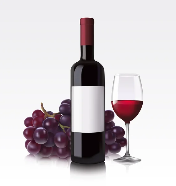 Kırmızı şarap şişesi, cam ve üzüm — Stok Vektör