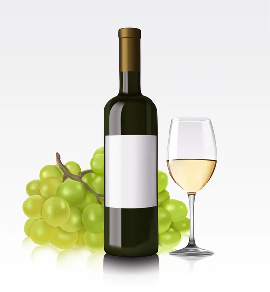 白色的葡萄酒瓶、 玻璃和葡萄 — 图库矢量图片