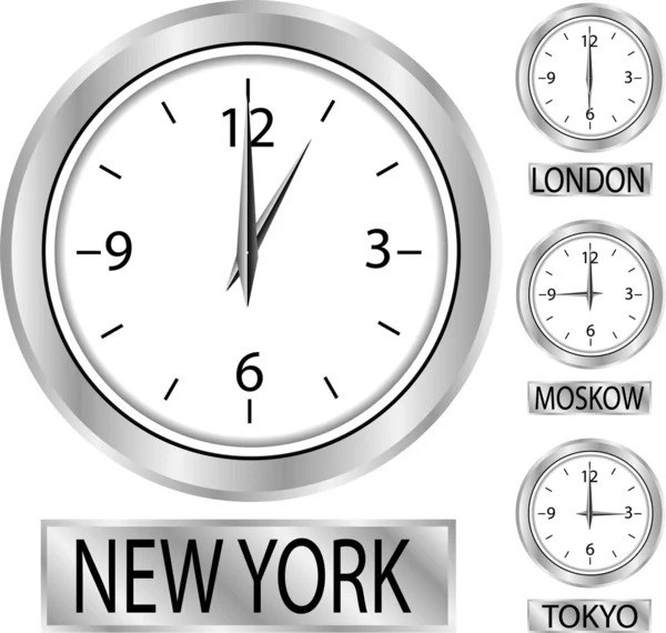 Relógio mostrando a hora em Nova York, Moscou, Londres e Tóquio — Vetor de Stock