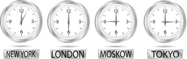 Orologio che mostra l'ora a New York, Mosca, Londra e Tokyo — Vettoriale Stock