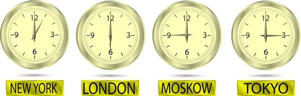 Ρολόι που δείχνει τον χρόνο στη Νέα Υόρκη, Μόσχα, Λονδίνο και Τόκιο — Διανυσματικό Αρχείο