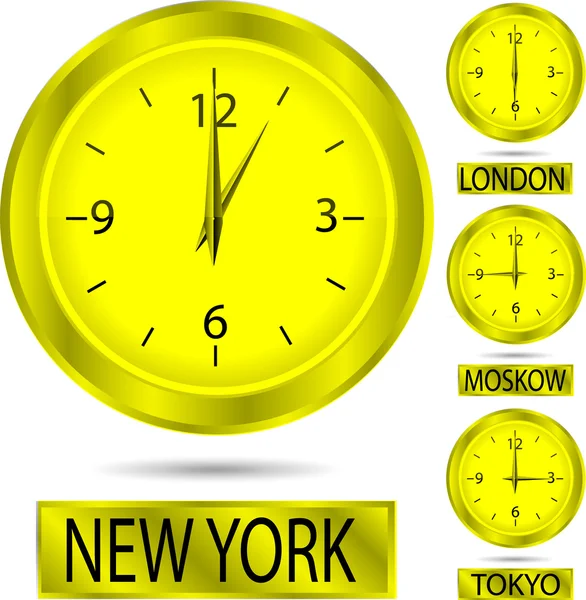 Clock showing the time in New York, Moscow, London and Tokyo — Stock Vector