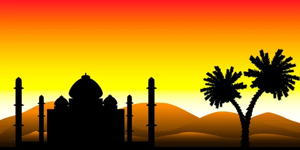 Het silhouet van een moskee in de woestijn — Stockvector