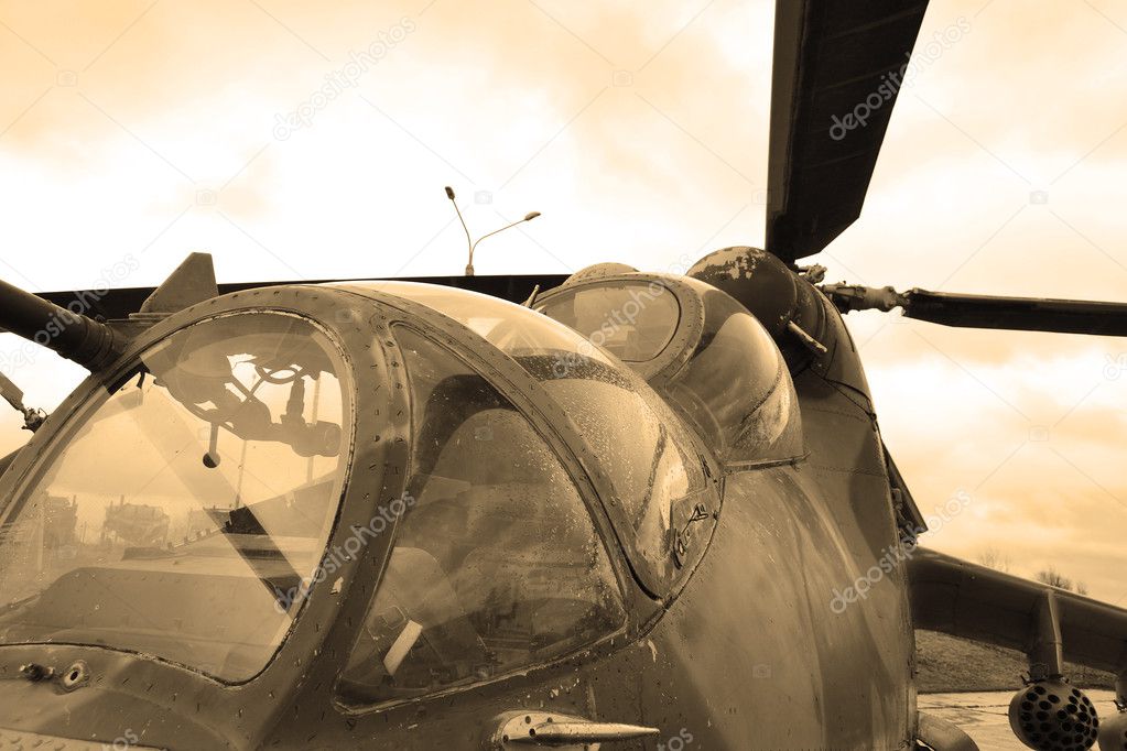 Military helicopter cockpit. Sepia.