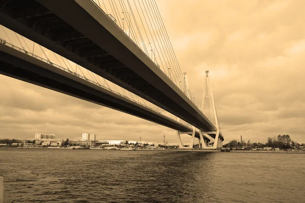 Cable-stayed bridge in St.Petersburg. Sepia. — Stok Foto