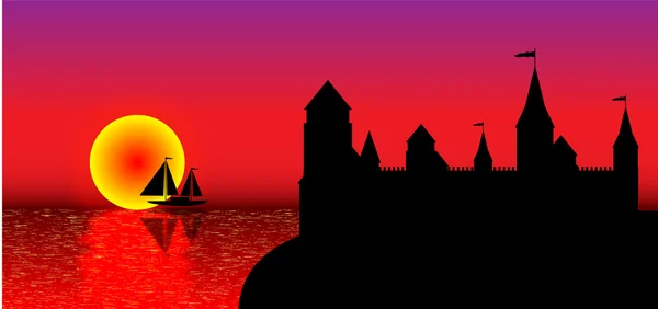 Vue du vieux fort sur la plage au coucher du soleil — Image vectorielle