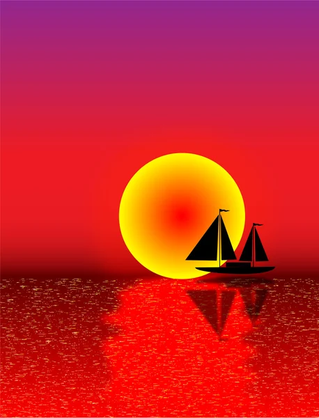 Black ship silhouette on sea at sunset background — Stock Vector