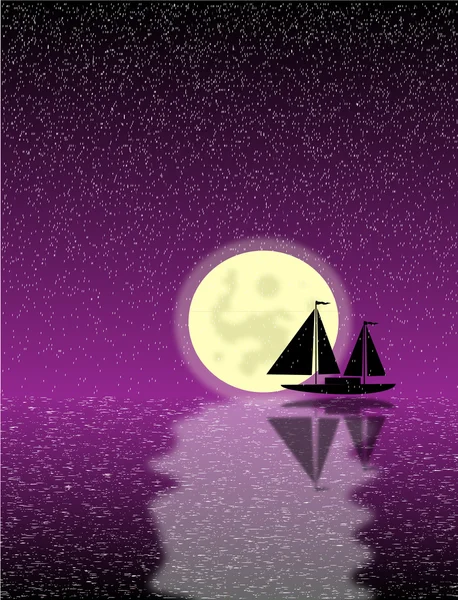 Nave nera silhouette in mare di notte — Vettoriale Stock