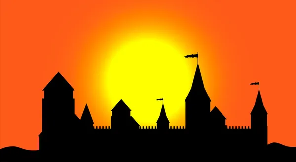 Silhuett av slottet vid solnedgången — Stock vektor