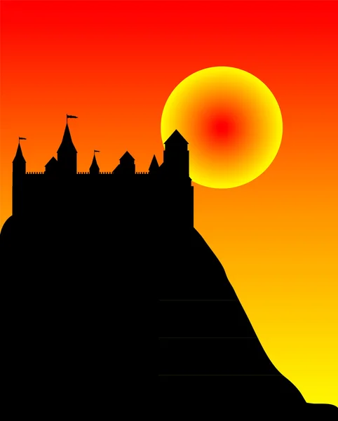 Sylwetka zamku na wysokim wzgórzu na zachodzie słońca — Wektor stockowy