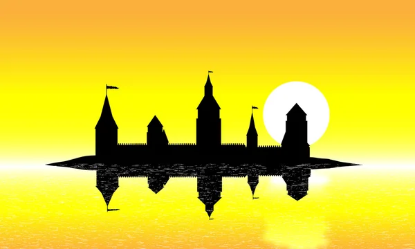 Silhouette du château sur l'île au coucher du soleil — Image vectorielle