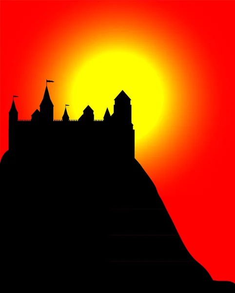 Sylwetka zamku na wysokim wzgórzu na zachodzie słońca — Wektor stockowy