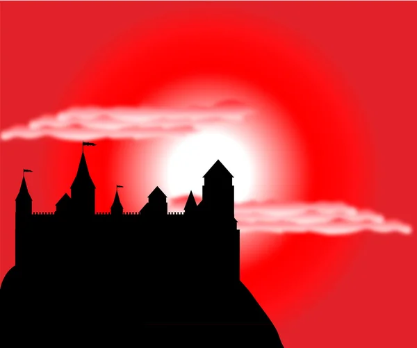 Silhouet van het kasteel op een hoge heuvel bij zonsondergang — Stockvector