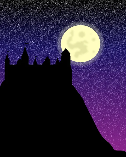 Silhouette du château sur une haute colline la nuit — Image vectorielle
