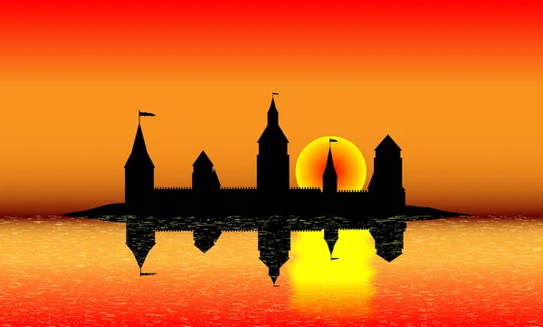 Silhouette du château sur l'île au coucher du soleil — Image vectorielle