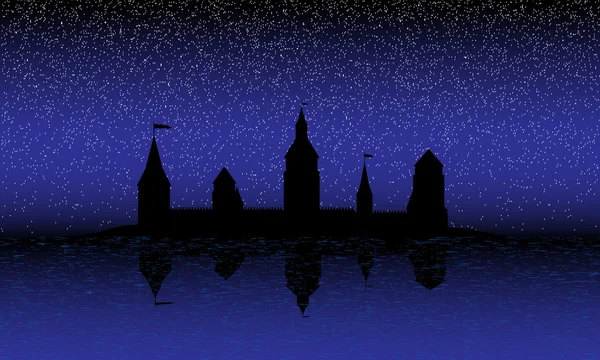 Silhouet van het kasteel op het eiland bij nacht — Stockvector