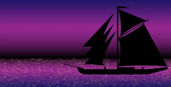 Silueta de barco negro en el mar por la noche — Vector de stock